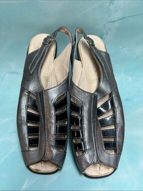 Women's Metallic Gray Slingback Sandals - Comfortable Open-Toe Shoes leather